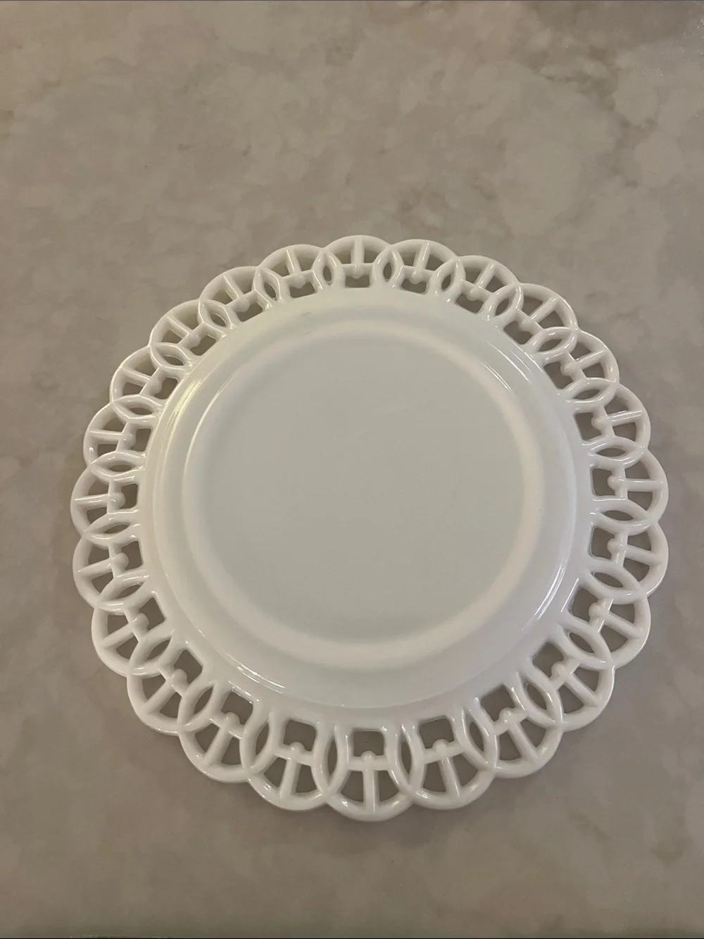 Lot of 3 Vintage White Milk Glass Dessert Plates w/ Scalloped cut out edge